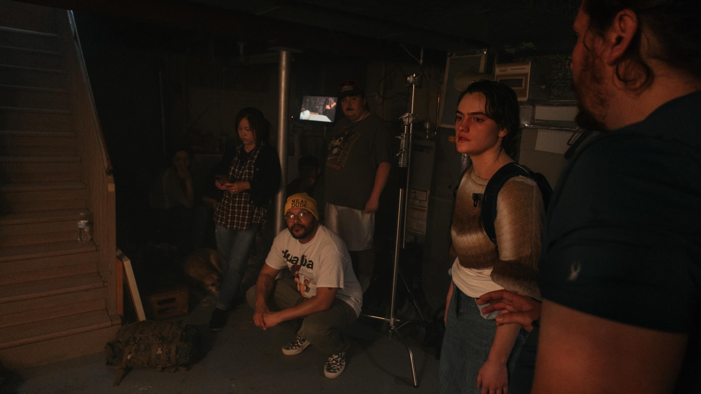 Cast and crew on the set of Safe